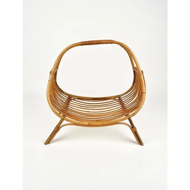 Mid-Century Modern Midcentury Rattan & Bamboo Curved Magazine Rack, Italy, 1960s For Sale - Image 3 of 15