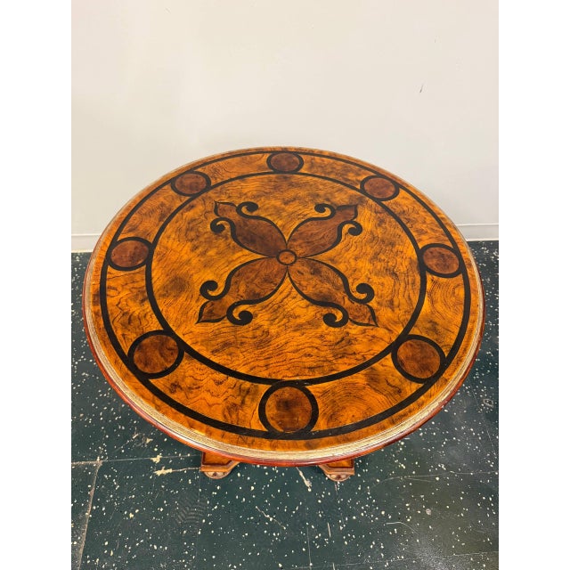 Vintage Burl Wood Inlaid Round Center Table Regency Style For Sale - Image 4 of 4