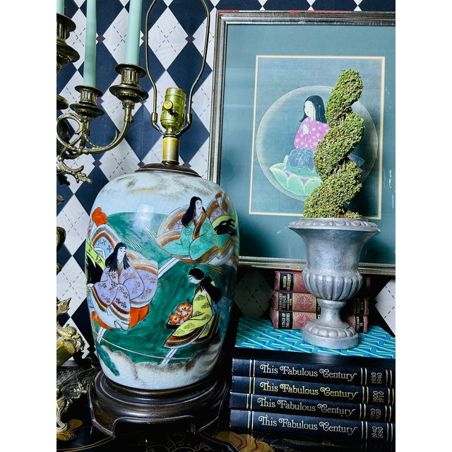 1950s Hand-Painted Japanese Porcelain Tabletop Lamps Pair Court Ladies, Large 32"h For Sale - Image 9 of 18