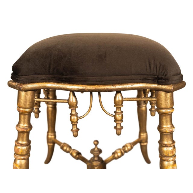 Belle Epoque square stool. Giltwood tapered and turned legs. Newly upholstered.