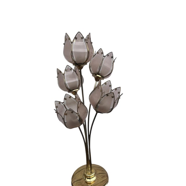 Pair of Italian Mid Century Glass and Brass Lotus Flower Table Lamps For Sale In West Palm - Image 6 of 12