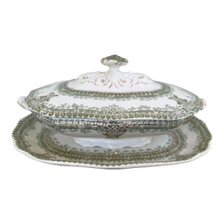 Antique Haviland Limoges Covered Serving Dish With Underplate – Green & Gilt Transferware For Sale