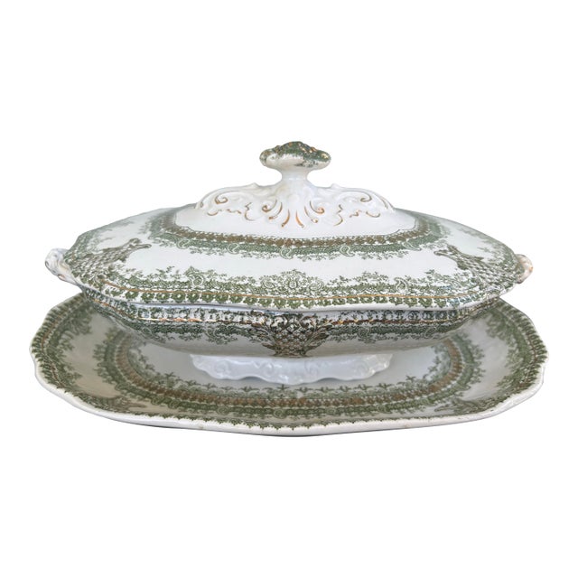 Antique Haviland Limoges Covered Serving Dish With Underplate – Green & Gilt Transferware For Sale