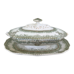 Antique Haviland Limoges Covered Serving Dish With Underplate – Green & Gilt Transferware