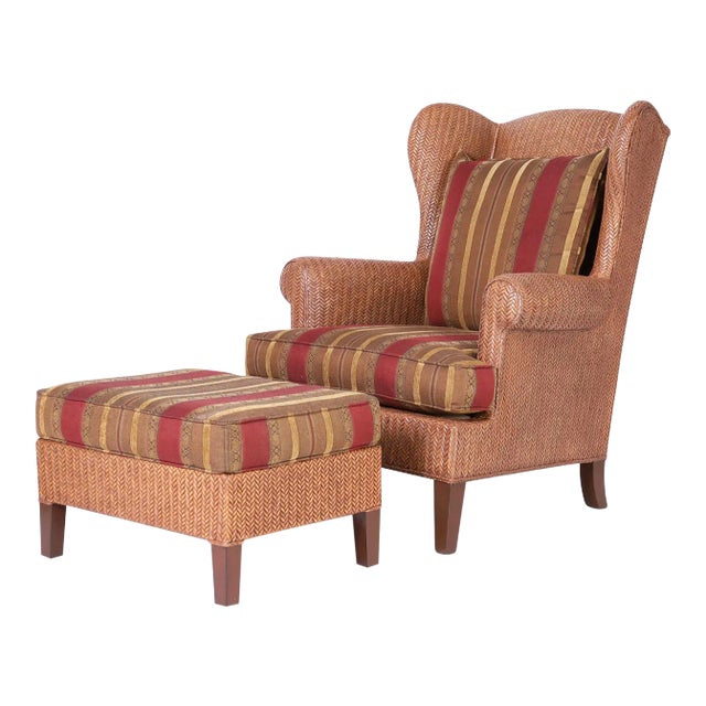 Vintage Woven Reed or Wicker Wingback Armchair and Ottoman For Sale