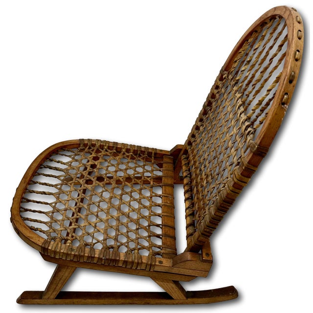 Vintage Tubbs Vermont Made "Snow Shoe" Style Stream Bent Ash Wood & Hand Woven Hide Canoe & Camping Folding Chair For Sale - Image 13 of 18