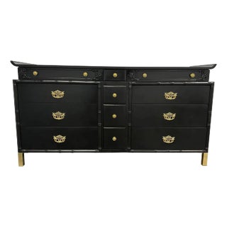 Rare Mid 20th Century Chinoiserie Pagoda Painted Heavy Walnut Dresser For Sale