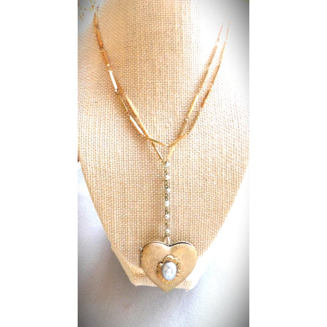 Vintage Heart Locket, Paisley Design, Grey Pearl, Long Gold Chain, Pearl Bead Drop, Valentine For Sale - Image 12 of 12