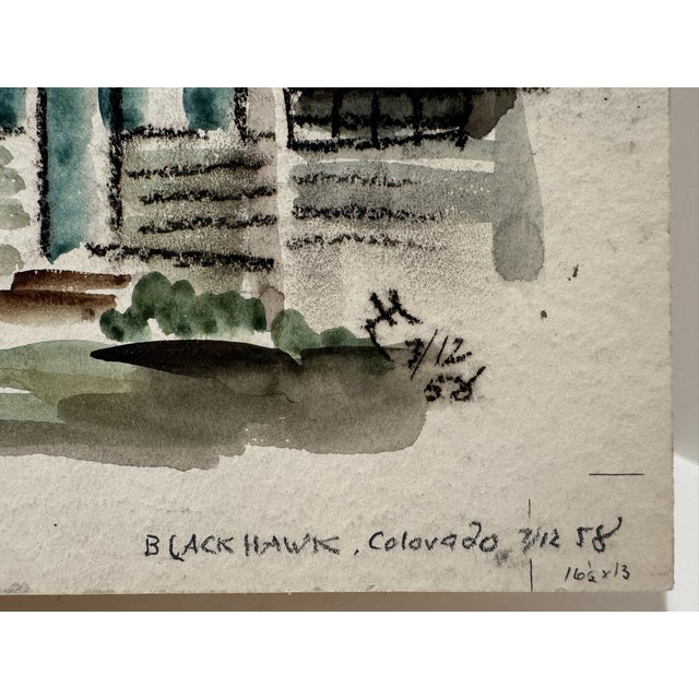 1950s Henry Emil Salloch Original Watercolor on Paper Industrial Townscape. Black Hawk, Co. 1958. For Sale - Image 5 of 7