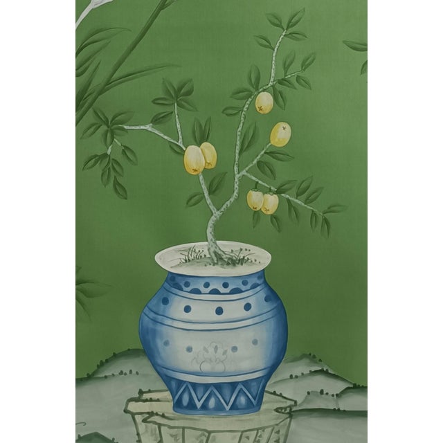 Chinoiserie Hand-Painted Wallpaper Panels, Emerald Green Background With Floral, Bird & Porcelain Vase Mural, Set of 2 For Sale - Image 4 of 6