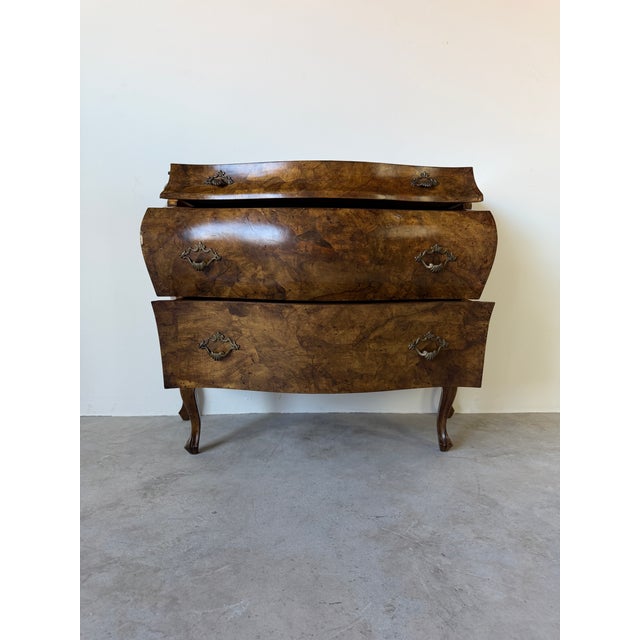 Wood Italian Louis XV Style Bombe Burlwood Chest With Cabriole Legs For Sale - Image 7 of 18