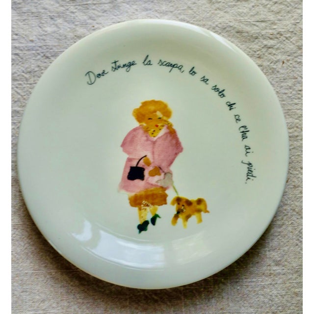 Tuscan 1960s Woman With Dog, Small Plates, for Nieman Marcus, Tatjana for Mosca - Pair For Sale - Image 3 of 14