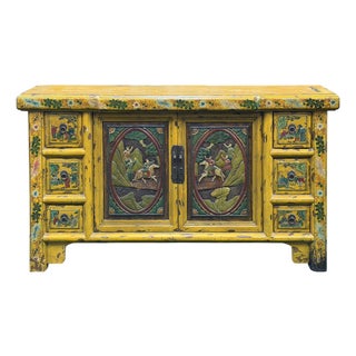 Vintage Chinese Yellow Lacquered Wood Credenza Sideboard Carved Scenic Panels For Sale