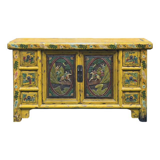 Vintage Chinese Yellow Lacquered Wood Credenza Sideboard Carved Scenic Panels For Sale