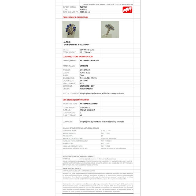 18k Gold 1.96 Carat Certified Sapphire & Natural Diamond Ring, Size 8 For Sale - Image 9 of 10