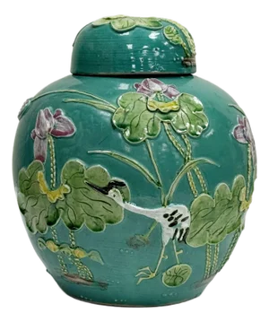 Antique Majolica Style Flora and Fauna Lidded Ginger Jar