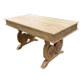 Italian Renaissance Solid Acacia Natural Wood Finish 3 Drawer Pedestal Base Office Writing Desk Over Size Make Up Dressing Vanity For Sale