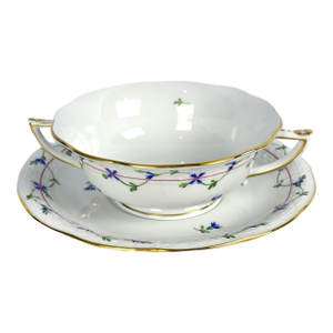 1980s Herend Blue Garland Cream Soup Bowl With Saucer, Gold Rim