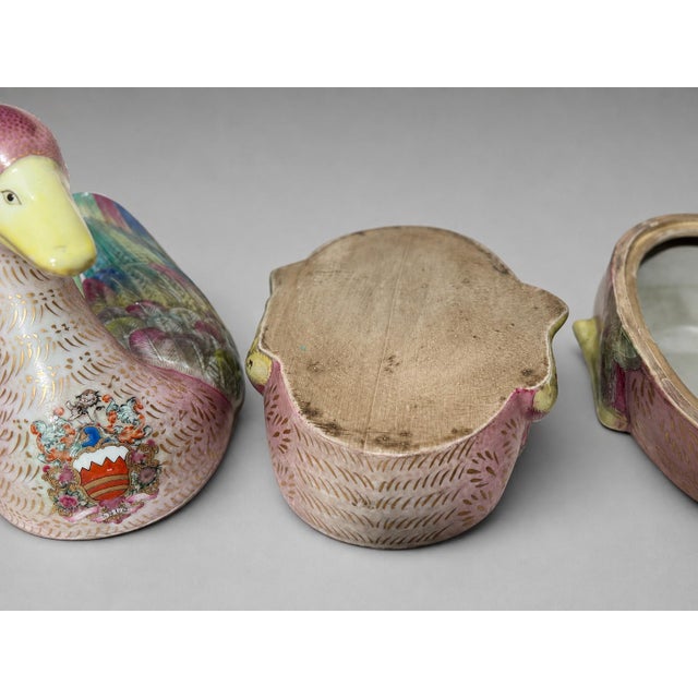 Ceramic Late 20th Century Chinese Export-Style Famille Rose Armorial Porcelain Duck-Form Covered Tureens - a Pair For Sale - Image 7 of 11