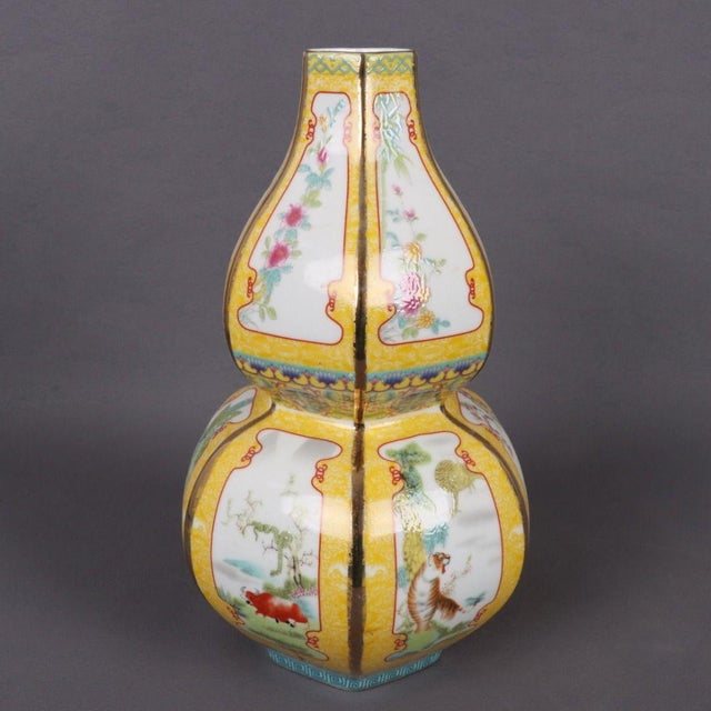 Art Deco Mid 20th Century Famille Jaune Porcelain Double-Gourd Vase With Zodiac Motifs For Sale - Image 3 of 9