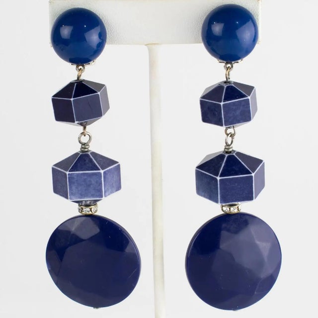 Navy Blue Angela Caputi Washed Blue Dangle Resin Geometric Clip Earrings For Sale - Image 8 of 8