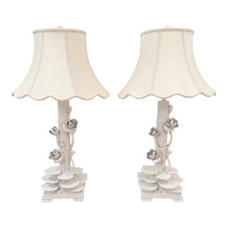 Mid 20th Century Italian Ceramic Faux Bamboo & Lotus Flower Table Lamps - A Pair For Sale