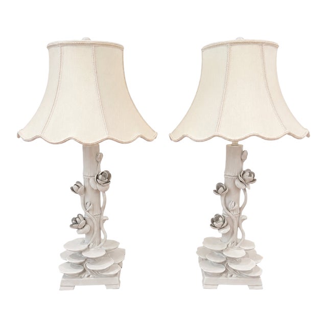 Mid 20th Century Italian Ceramic Faux Bamboo & Lotus Flower Table Lamps - A Pair For Sale