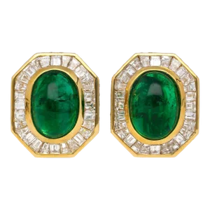 Mouawad Signed Vivid Cabochon Emeralds & Baguette Diamond Halo Clip on Earrings - 2 Pieces