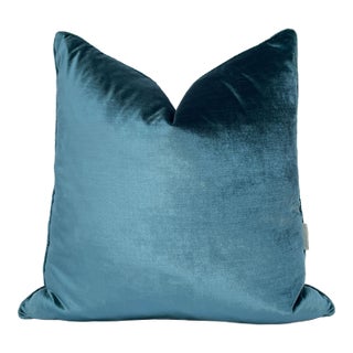Contemporary Hollywood Regency Shimmering Velvet 22" Throw Pillow, Cerulean Blue For Sale
