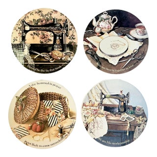 1980s Vintage Arts & Crafts Americana Sewing & Craft Themed Stone Coasters - Set of 4 For Sale