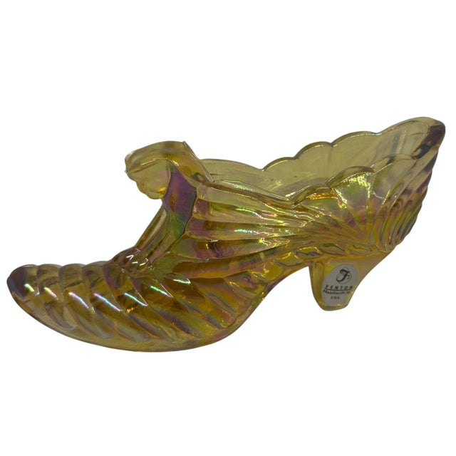 1960s Fenton Iridescent Amber Carnival Glass Cat Head Slipper Shoe Amber Glass Slipper For Sale - Image 12 of 12