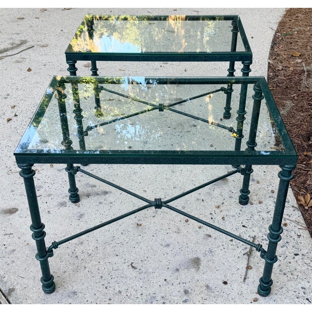 Pair of Giacometti Style Wrought Iron Verdigris Finish Glass Top Side Table For Sale In Savannah - Image 6 of 12