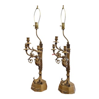Pair of Hollywood Regency French Bronze Putti Candelabra Table Lamps - Paris For Sale