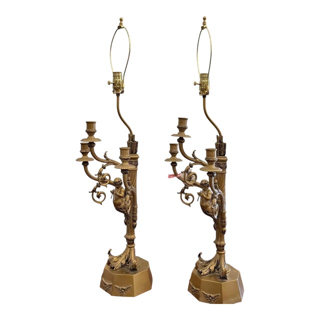 Pair of Hollywood Regency French Bronze Putti Candelabra Table Lamps - Paris For Sale