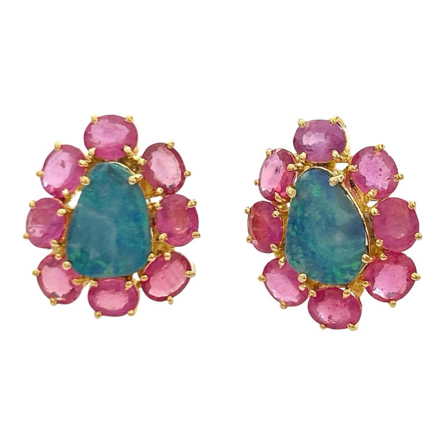 Bochic “Orient” Blue Opal & Red Ruby Earrings Set in 18k Gold & Silver - 2 Pieces For Sale
