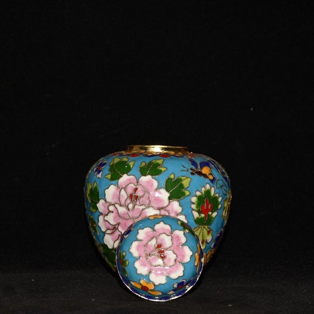 Vintage Cloisonné Enamel Ginger Jar With Peony Motif - Blue Ground For Sale - Image 4 of 9