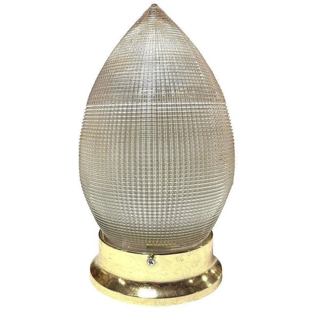MCM Holophane Teardrop Glass Ceiling Pendant W/ Light Brass Fitter For Sale - Image 4 of 5