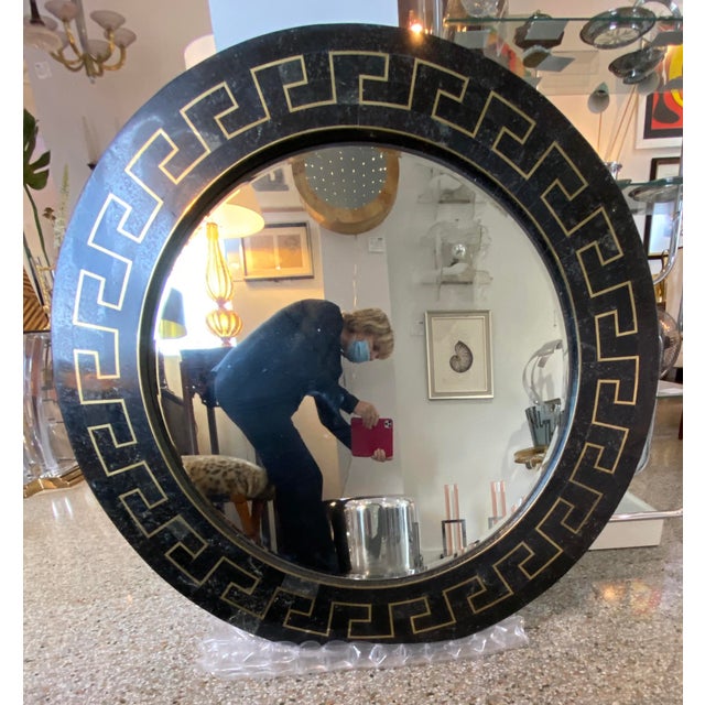Vintage Maitland Smith Tessellated Marble Wall Mirror with imbedded Brass Greek Key Motif from a Palm Beach estate