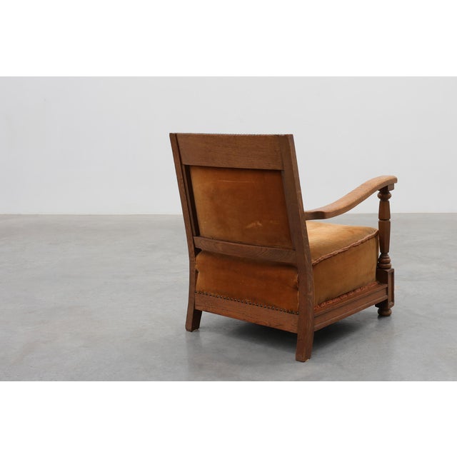 Brown Art Deco Oak Lounge Chair with Woven Leather Back and Ochre Velvet, Belgium, 1920s For Sale - Image 8 of 15