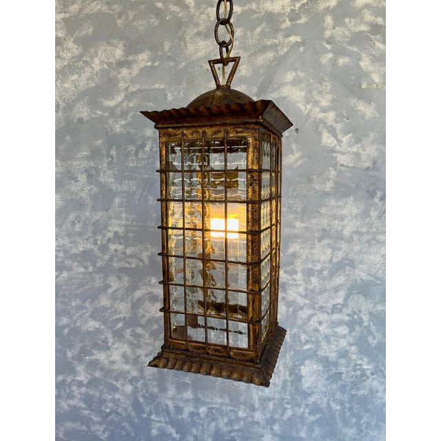 Spanish Gilt Metal Lantern With Textured Glass For Sale - Image 9 of 12