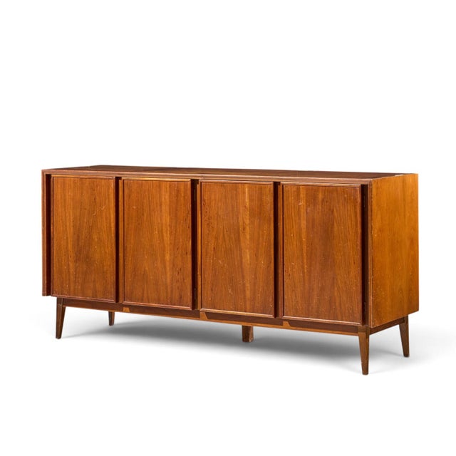 American of Martinsville Merton Gershun for American of Martinsville Mid Century Walnut and Cane Credenza and Hutch For Sale - Image 4 of 14