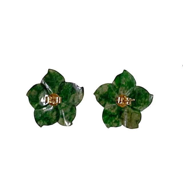 Asian Pair Dark Green Jade Stone Flower Petal Shape Earrings Display Art For Sale - Image 3 of 6