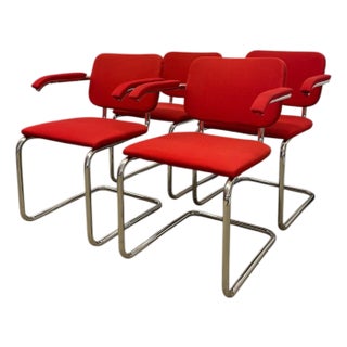 1970s Set of 4 Knoll Cesca Red Upholstered Cantilever Armchairs With Chrome Frames For Sale