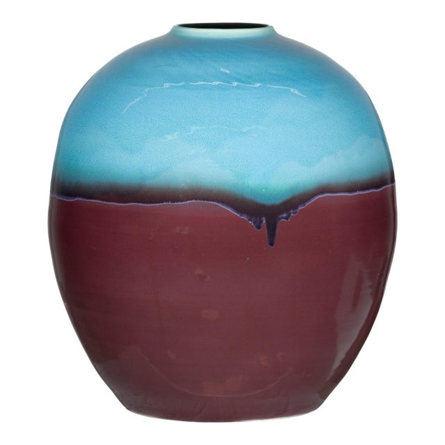 Large Artisan Ceramic Vase with Turquoise Crackle Glaze and Deep Brown Ground For Sale