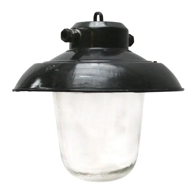 Black Industrial Black Enamel & Clear Glass Pendant Lights For Sale - Image 8 of 8