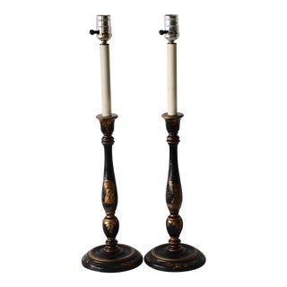 Chinoiserie Hand Painted Wood Black Gold Finish Vintage Buffet Lamp-A Pair For Sale