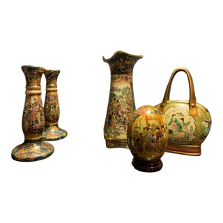 Satsuma Ceramic Vase and Candle Holders, Orb and Purse Vase - A Set For Sale
