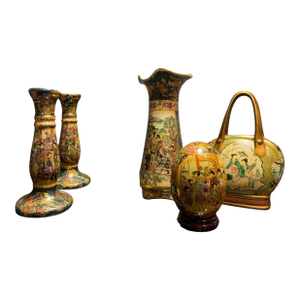 Satsuma Ceramic Vase and Candle Holders, Orb and Purse Vase - A Set