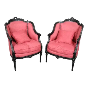 Pair of French Ebonized Black Lacquer Louis XVI Style Bergere Chairs