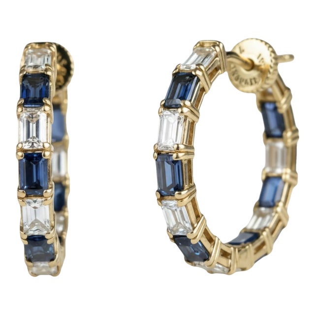 14k Yellow Gold Inside-Out Hoop Earrings With Baguette Sapphires and Diamonds, A Pair For Sale